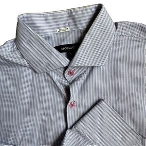 Bogosse Mens Shirt Blue White‎ Striped Long Sleeve Button Down Size 7 3XL Luxury